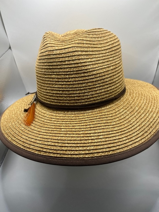 345. NWT. Vintage Couture Woven Straw Sun Hat with Feather Accent - Natural main image 5